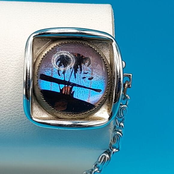 Vintage Iridescent Palm Scene Sweater Clips, 1950s Butterfly Wing Jewelry - Picture 3 of 10